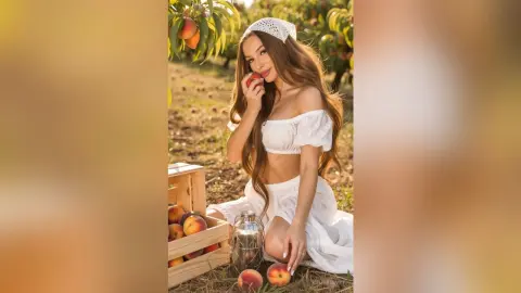 Beautiful woman in white boho outfit eating a peach in a sunny peach orchard during golden hour.