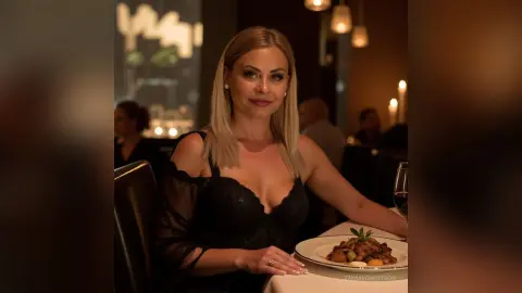 Elegant woman in a black lace dress dining at a dimly lit upscale restaurant.