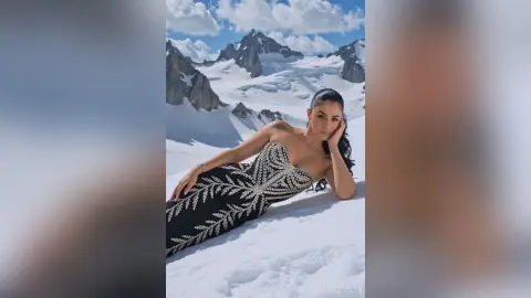 Elegant woman in a black sequined gown reclining on snowy mountain peaks under a bright blue sky.
