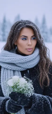 Brunette woman in a cozy grey knit scarf and black coat holding white flowers in a snowy winter landscape.