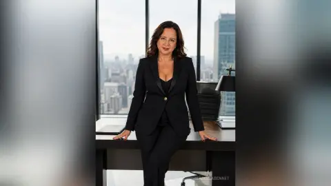 IsabellaBennet poses in a black suit and black top, leaning against a desk in a high-rise office setting with a city view.