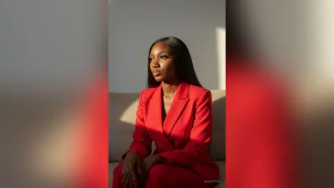 Elegant Black woman in a red power suit sitting in soft sunlight for a sophisticated fashion portrait.
