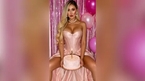 Blonde woman in a pink satin corset dress holding a birthday cake against a festive pink fringe background.