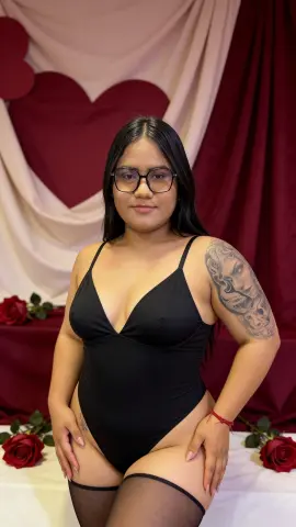 Lizzyolsen90 wears a black bodysuit and glasses while posing against a heart-patterned backdrop with red roses.