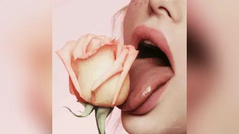 Close-up of a woman biting a soft peach-colored rose in a dreamy, romantic aesthetic.