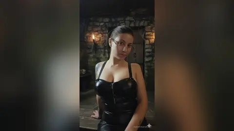 Young woman in a black leather dress posing in a moody, dimly lit stone room with candlelight.