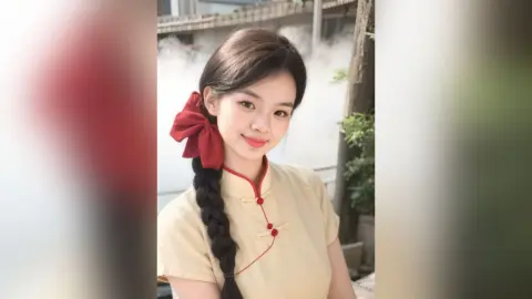 Young woman in traditional cream cheongsam with a red bow in a serene outdoor setting.