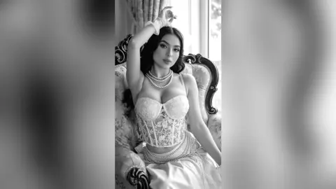 Elegant woman in white lace corset and pearl necklace sitting gracefully in a vintage armchair, black and white portrait.