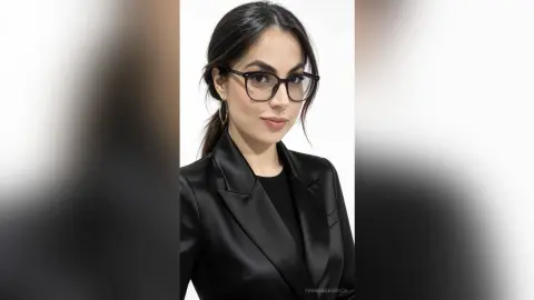 Elegant woman in a black satin blazer and glasses smiling in a professional studio setting.