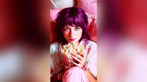 MarianBells — MarianBells with purple hair sits on a pink sofa holding a red and white striped bucket of popcorn.