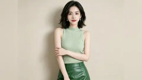 Elegant woman in a sage green sleeveless turtleneck and dark green leather trousers posing against a neutral wall.