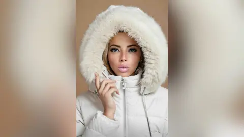 Beautiful woman in a cozy white winter puffer jacket with a fluffy faux fur hood looking stylishly at the camera.