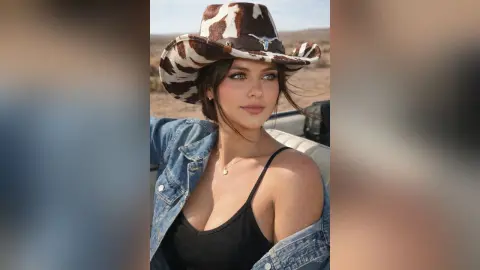 Young woman in a cow print cowboy hat and denim jacket relaxing outdoors in a sunny desert setting.