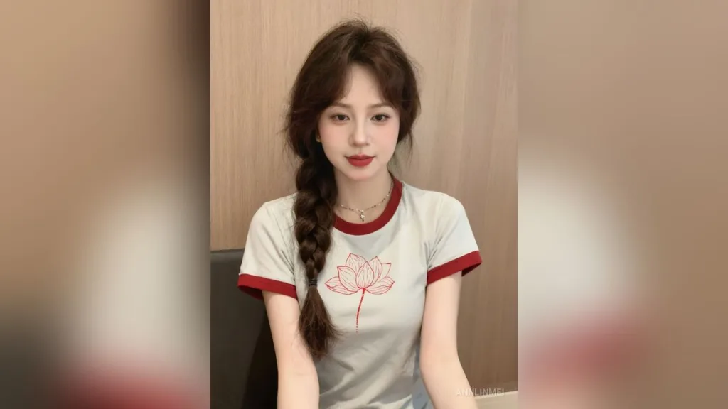 AnnLinMei — AnnLinMei with long brown hair in a side braid wears a grey t-shirt with red trim and a lotus design.