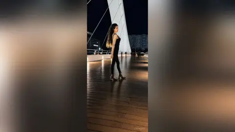 Elegant woman in a black jumpsuit standing on a wooden pier at night under city lights.