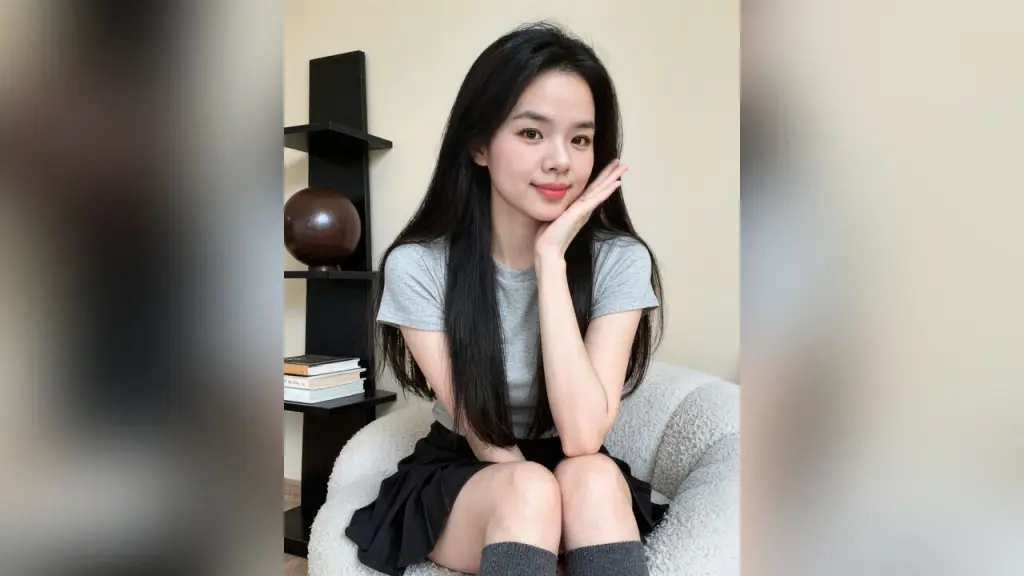 SuYi — SuYi sits on a white chair wearing a grey t-shirt and a black skirt with long black hair.