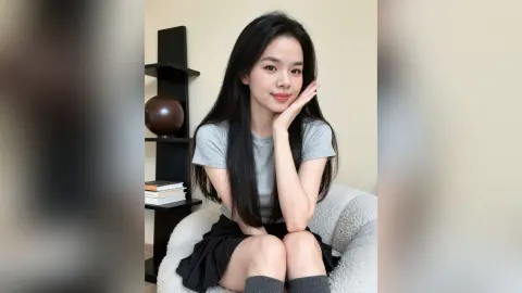 Young woman in a grey t-shirt and black skirt sitting in a cozy chair with a soft, serene expression.
