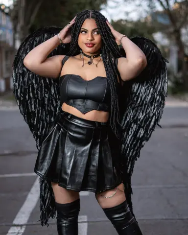 Woman in black leather outfit and large feathered angel wings posing outdoors in a moody gothic style.