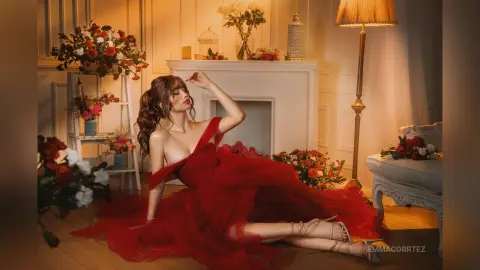 Elegant woman in a flowing red tulle gown sitting in a warm, floral-filled vintage room.