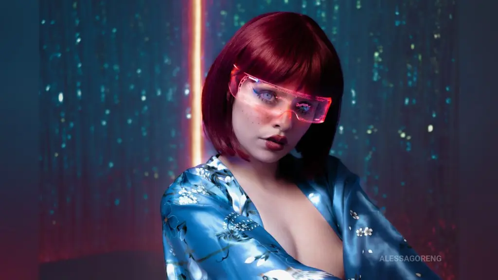 AlessaGoreng — Cyberpunk woman with red hair and neon glasses wearing a blue floral silk robe in a futuristic disco setting.