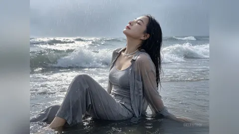 CelesteQi — CelesteQi sits in the shallow ocean waves under the rain wearing a grey tank top and sheer grey shirt.