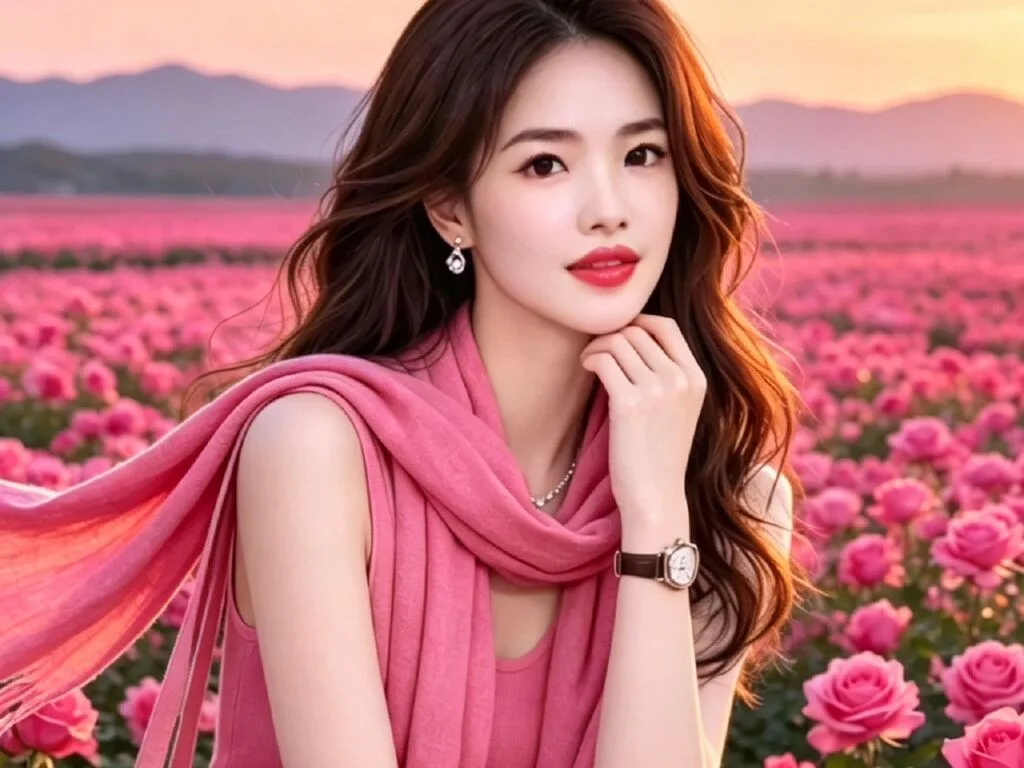 AngelCoco poses in a pink tank top and scarf amidst a vast field of blooming pink roses at sunset.