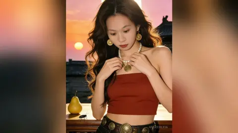 Elegant woman in a red tube top and pearl necklace posing against a warm sunset sky.