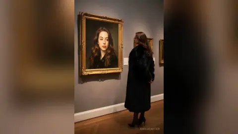 AmeliaCartier stands in a gallery wearing a long black fur coat and black high heels, looking at a large framed portrait of herself on a grey wall.