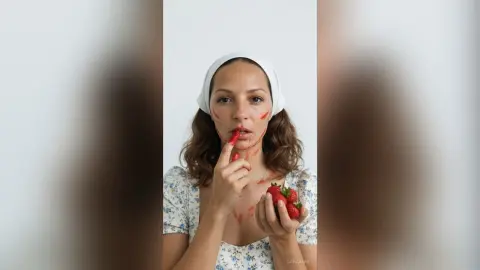 Young woman in white headband eating fresh strawberries in a bright, minimalist setting.