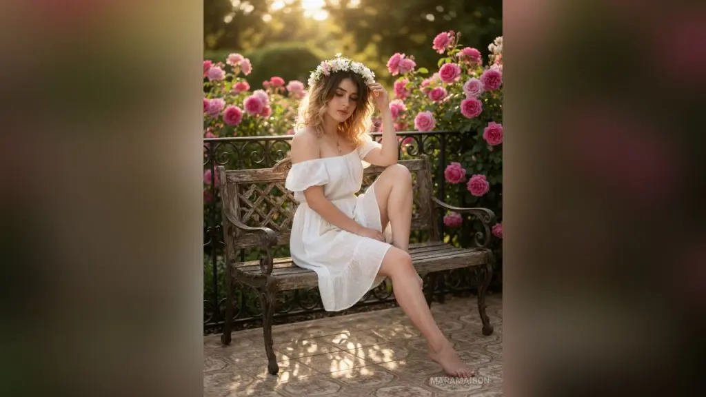 Young woman in white crop top and red shorts posing outdoors in bright daylight.
