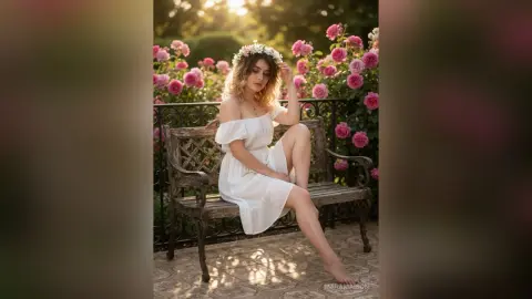 Dreamy portrait of a woman in a white sundress sitting on a garden bench surrounded by blooming pink roses.