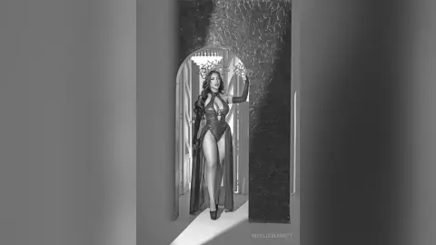 Elegant woman in a dark bodysuit and flowing cape standing in a dramatic arched doorway, black and white portrait.