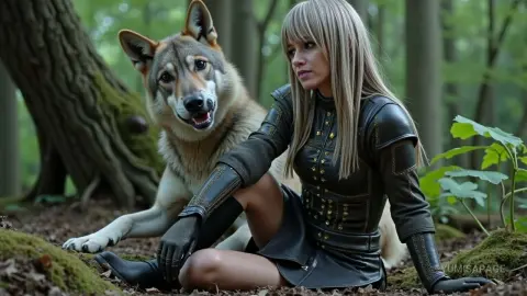 Blonde woman in black leather warrior outfit sitting next to a large wolf in a moody forest setting.