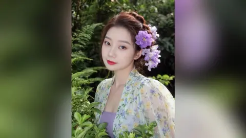 Young woman in a floral print blouse with purple flowers in her hair, posing in a lush green garden setting.