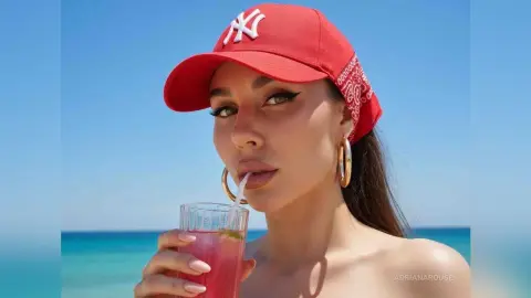 Young woman in a red NY baseball cap sipping a pink cocktail on a sunny summer beach day.
