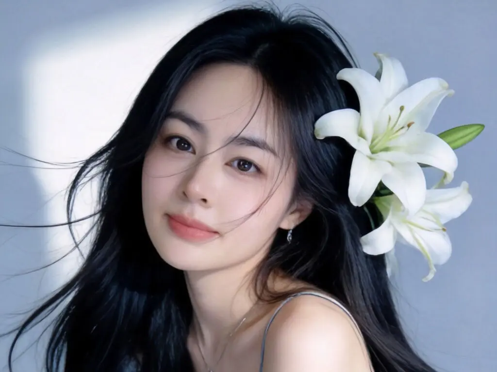 Beautiful young woman with long dark hair and a white lily flower in a soft, dreamy portrait.