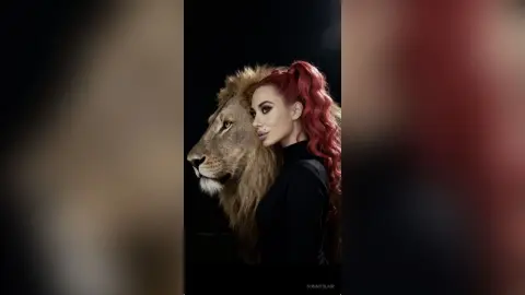 Elegant woman in a black turtleneck posing with a majestic lion against a dark, moody background.