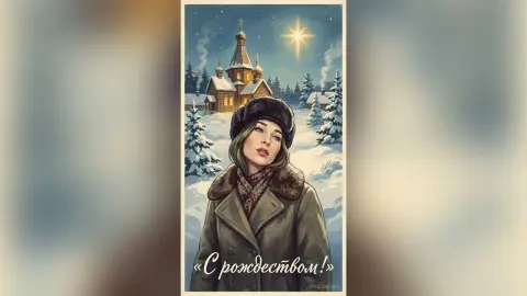 Elegant woman in a fur coat and hat standing before a snowy Russian church under a bright Christmas star.