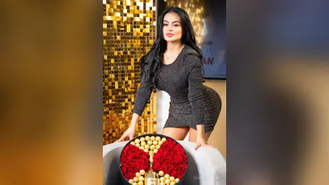 Glamorous woman in a sparkling black mini dress posing by a tub of red roses and champagne in a luxury setting.