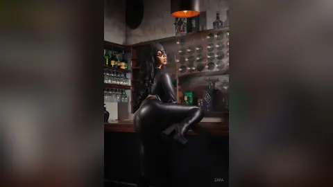Woman in sleek black bodysuit and mask sitting in a moody, dimly lit luxury bar setting.