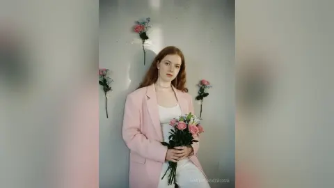 Redheaded woman in a pink blazer holding a bouquet of flowers against a minimalist grey wall.