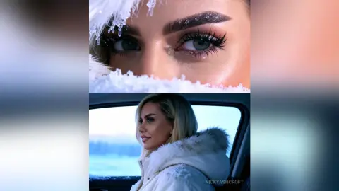 Close-up of a woman with glamorous makeup in a white winter coat against a snowy landscape.