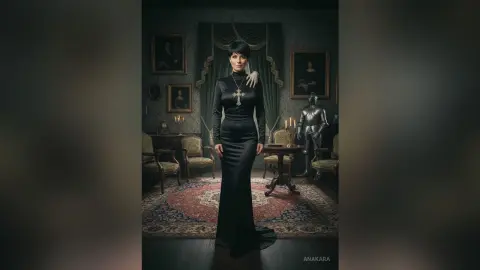 Elegant woman in a long black evening gown standing in a moody, vintage dark academia library setting.