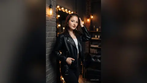 Stylish young woman in a black leather jacket leaning against a brick wall in a moody, dimly lit studio.