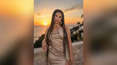 Smiling woman with long braids in a champagne satin dress at a scenic ocean sunset viewpoint.