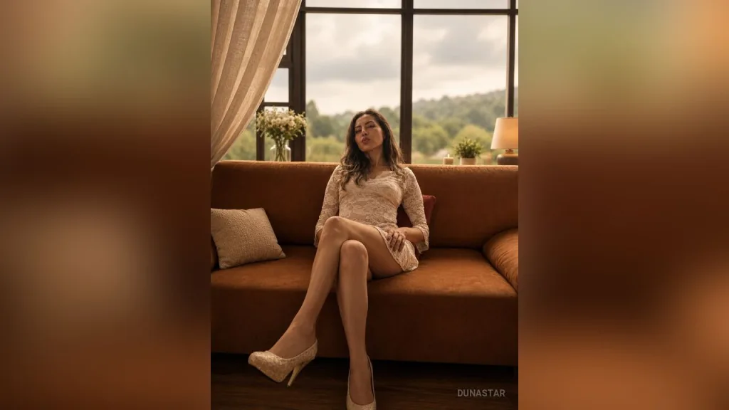 Dunastar — Dunastar sits on a brown sofa wearing a short lace dress and high heels.