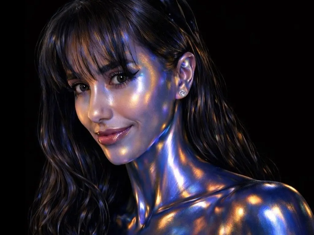 Smiling woman with dark hair and metallic silver body paint posing against a dark background.