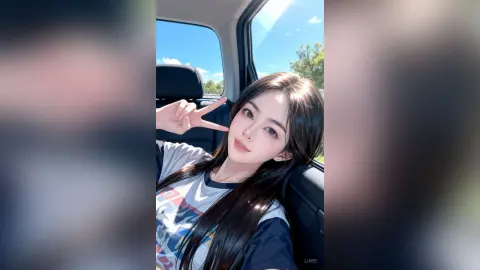 Young woman with long dark hair making a peace sign while sitting in a car on a sunny day.