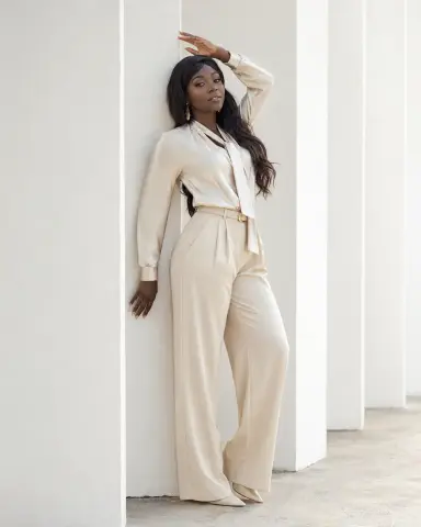 Elegant woman in a champagne silk blouse and wide-leg trousers posing against a minimalist white wall.