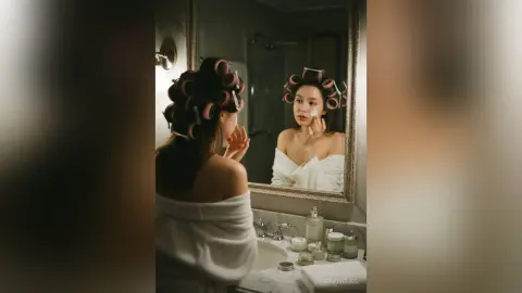 Young woman in a white bathrobe applying skincare cream in a bathroom mirror with hair rollers in.